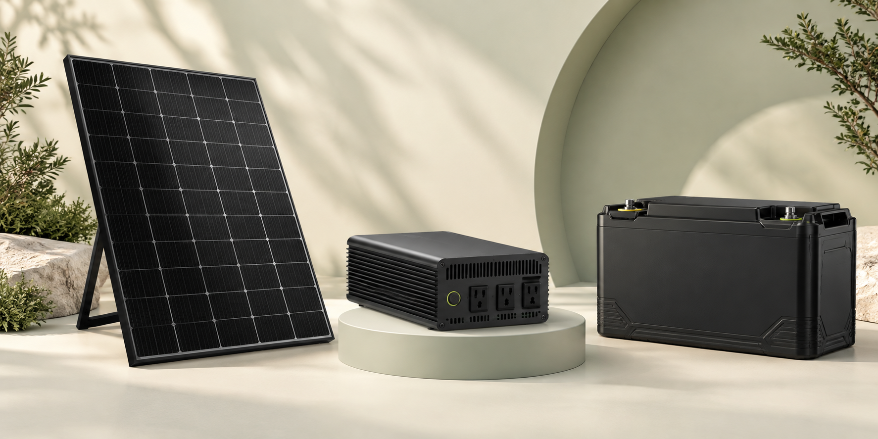 Solar panel, pure sine wave inverter, and lithium battery displayed together