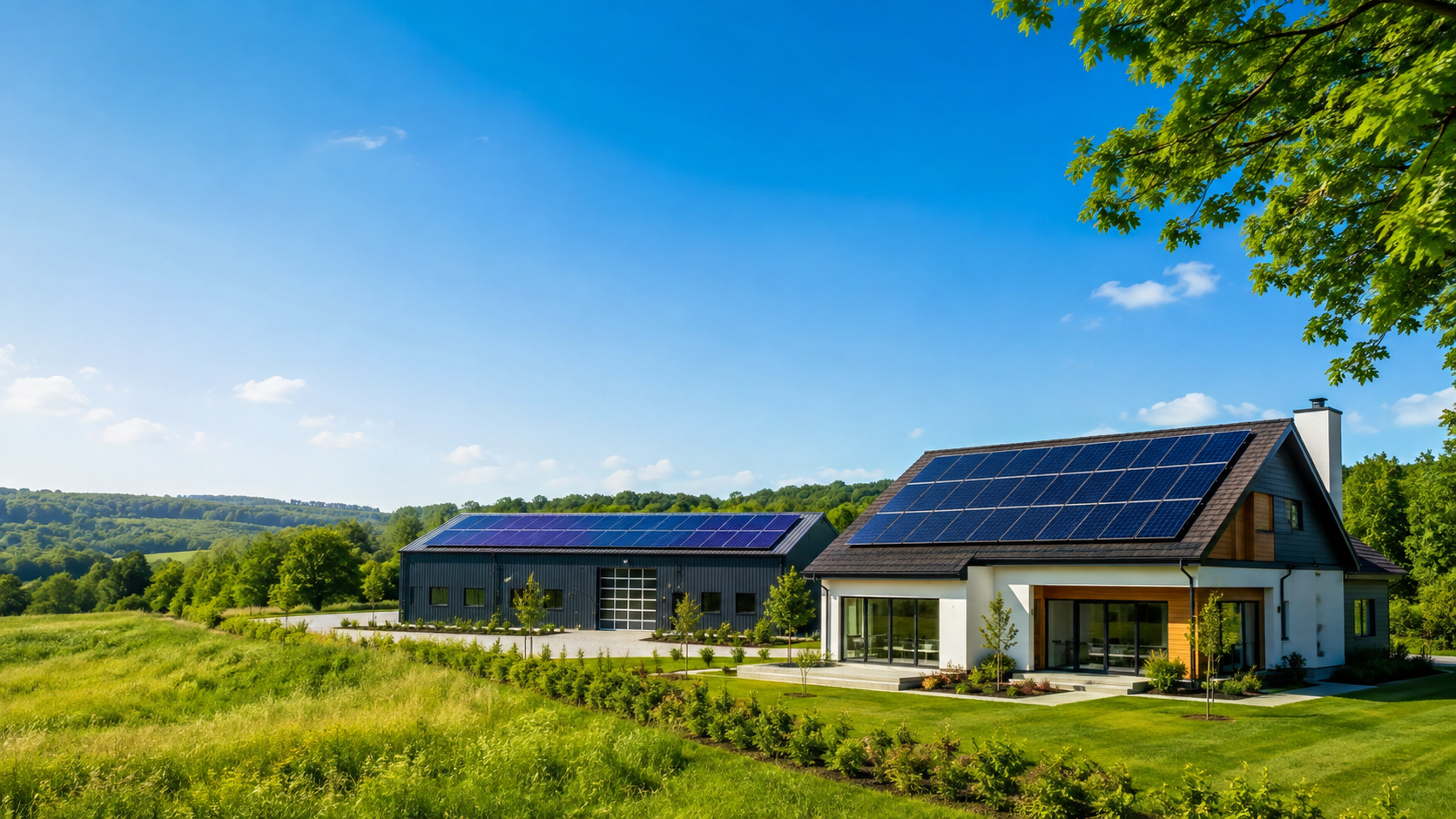 Modern home and warehouse powered by rooftop solar panels